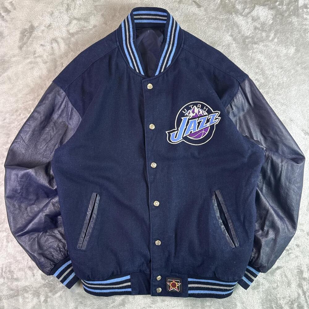 VTG Y2K Utah Jazz Varsity-Style Bomber Men’s Leather/Wool Jacket Size Medium